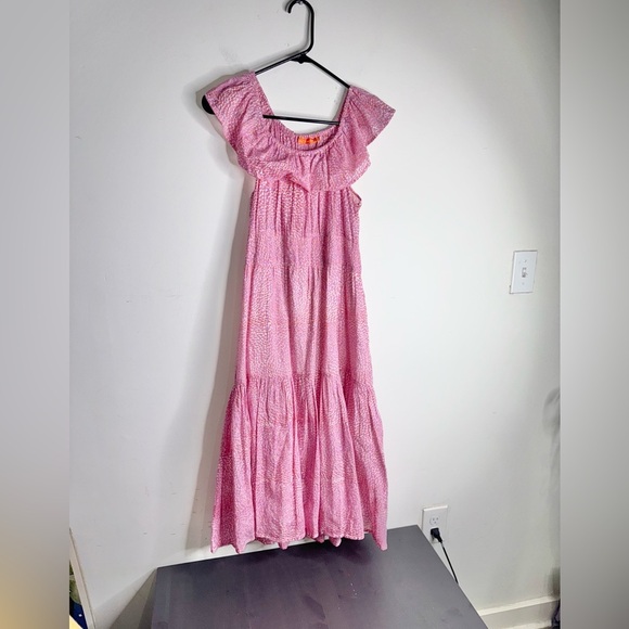 Oliphant Ruffle Neck Midi Dress pebble lilac coral print pink flounce - Picture 3 of 11